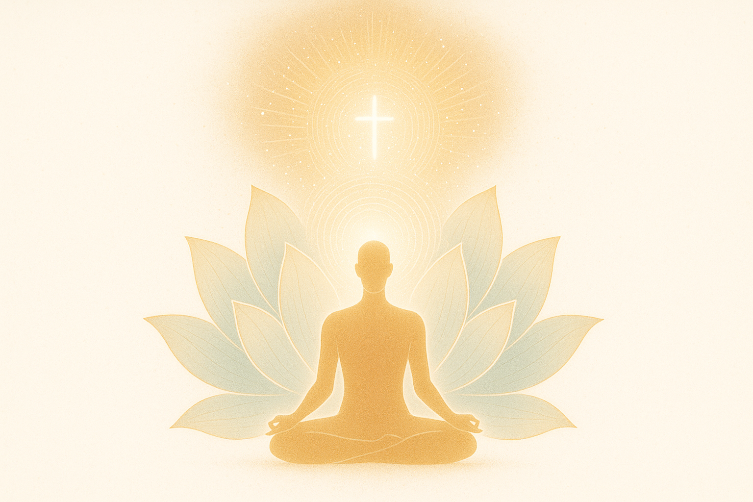 A figure in meditation beneath a lotus and a cross of light — mind, body, and spirit